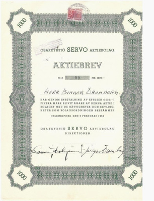 OKK 1938 Servo Oy, Helsinki osakekirja