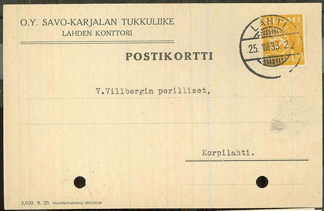 M30 1932 1,25mk Savo-Karjalan tukkuliike Lahden konttori