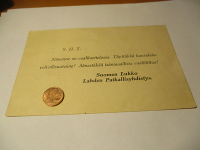 Suomen Lukko Lahti vaalimainoskortti - 1930