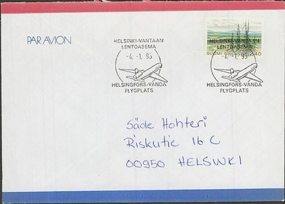 Helsinki-Vantaan lentoasema matkailuleima kirjeellä 1995