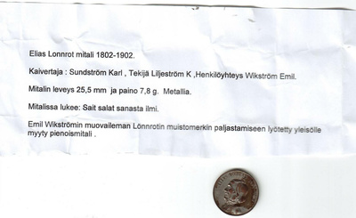 Elias Lönnrot mitali 1802-1902 tekijä Liljeström K.