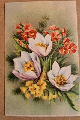 kukkakortti, vuokkokimppu, kulkenut 1957
