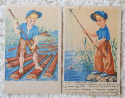 Kaksi vanhaa korttia, Poika onkii ja Poika tukinuitossa