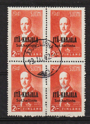 1943 Itä-Karjala lisäpainama Ryti 2mk merkkineliö leimattuna