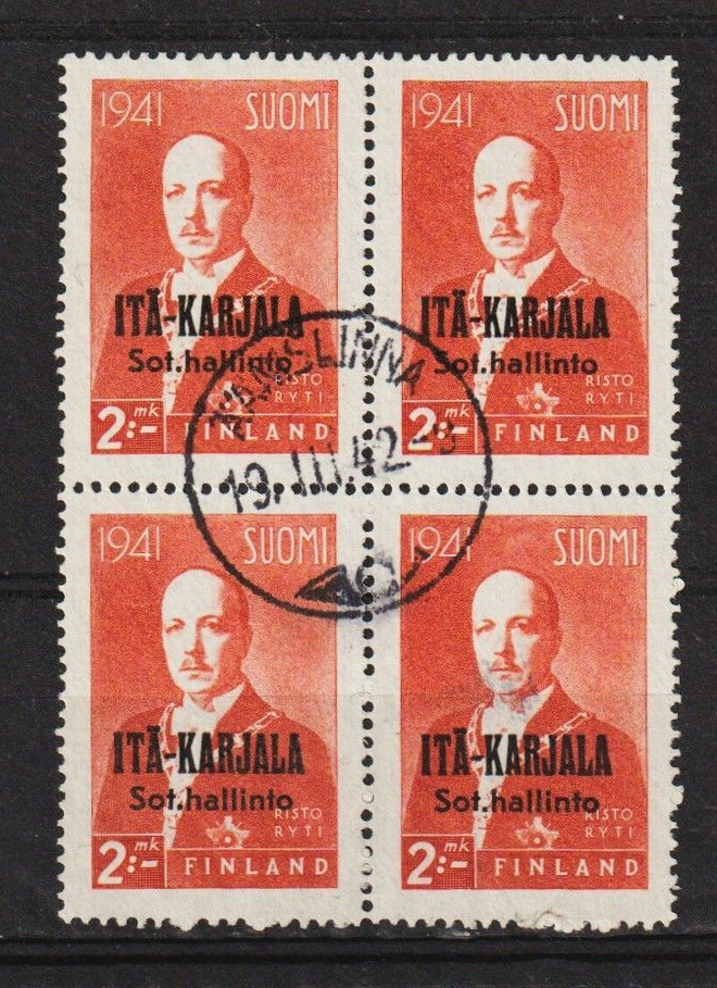 1943 Itä-Karjala lisäpainama Ryti 2mk merkkineliö leimattuna