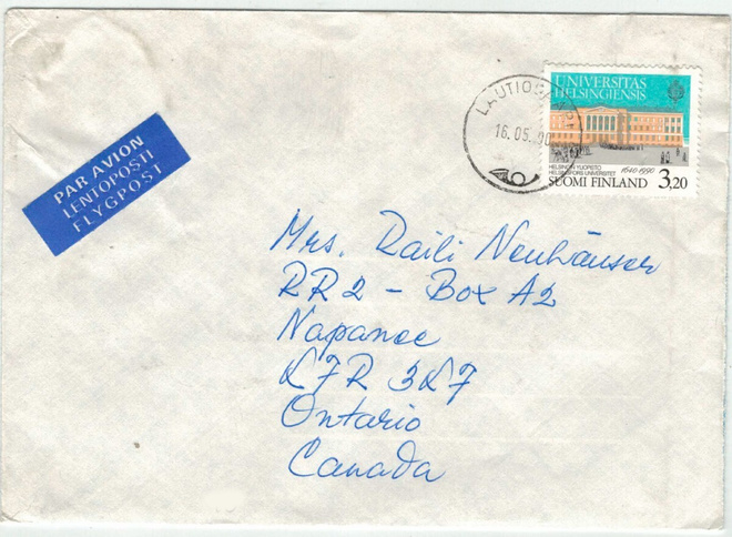 1990 Helsingin Yliopisto 3,20 mk kirje Kanadaan