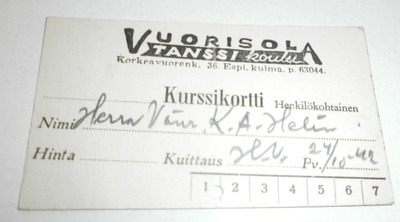 Helsinki 1942, Tanssikoulu Vuorisolan kurssikortti