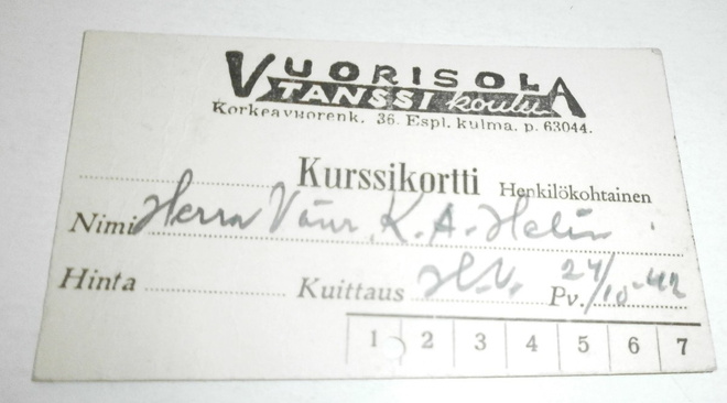 Helsinki 1942, Tanssikoulu Vuorisolan kurssikortti