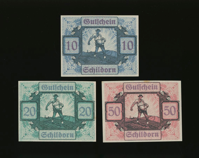 Itävalta Notgeld 10, 20, 50 Heller, Schildorn 1920