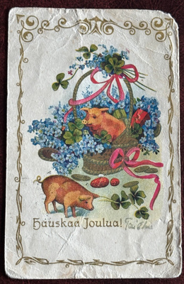 Joulu, kaksi possua ja lemmikkikori, kulkenut