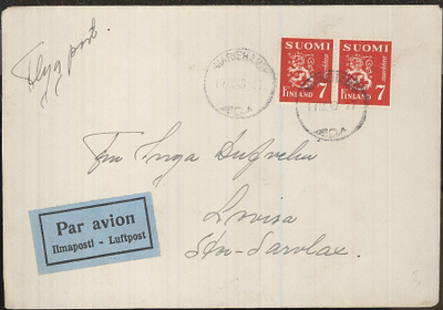 M30 1947 7mk pari lentokirje Maarianhaminasta Loviisaan