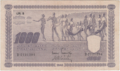 1000 Markkaa 1945 Litt.B D-sarjaa, kl.4