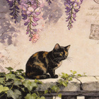 Kissa istuu kaiteella, wisterian kukat - pikkukuva 1