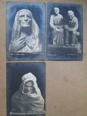 kolme vintage veistoskorttia - 1900-luku alku