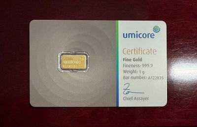Umicore 1g .9999 kulta harkko