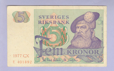 Ruotsi 5 Kronor v.1977 P-51c