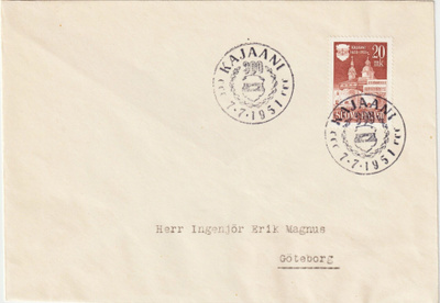 1951 Kajaani 300v merkin FDC-kirje Ruotsiin