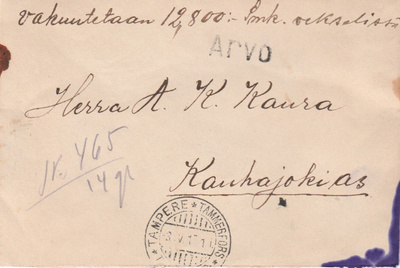 1917, Kirje  Tampere  ,Vakuutettu sinetein, HARVINAINEN