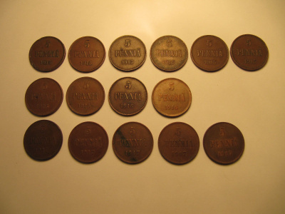 5 Penniä 1915-1917 15 kpl.