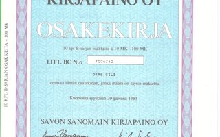 OKK osakekirja Savon Sanomien kirjapaino 1985 pörssi