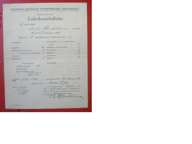 Kansakoulun lukukausitodistus 1929