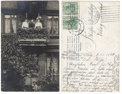 Vanha kortti, naiset parvekkeella, vuodelta 1908