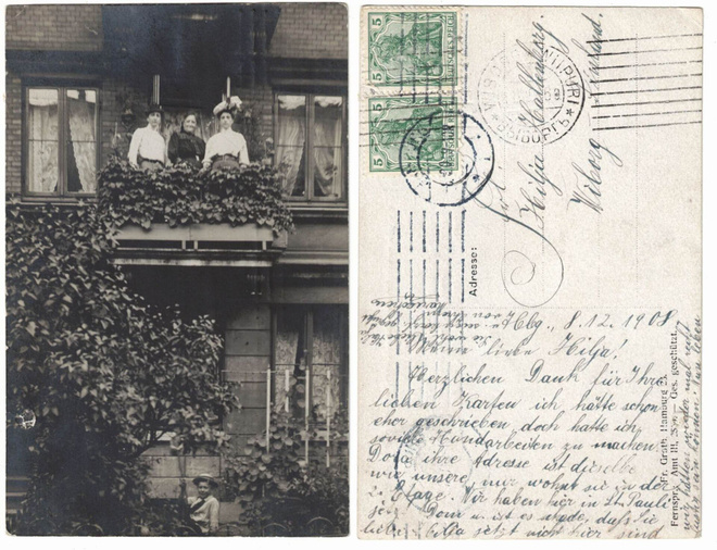 Vanha kortti, naiset parvekkeella, vuodelta 1908