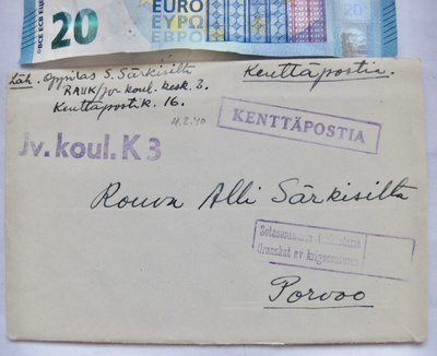 VANHA Kenttäposti Kuori Leima Jv. Koul K3 4.2.1940 Talvisota