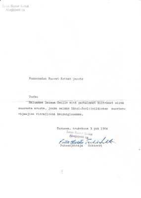 3.5.1964 TURUN NUORET KOTKAT KIITTÄVÄT KIRJEESSÄ NUMMENMÄEN