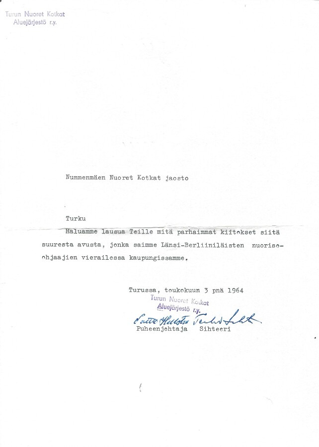 3.5.1964 TURUN NUORET KOTKAT KIITTÄVÄT KIRJEESSÄ NUMMENMÄEN
