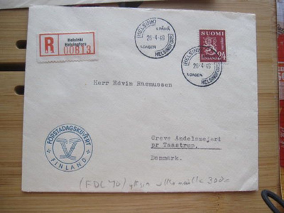 Malli 30:n 24 mk merkki R-FDC-kuorella Tanskaan 1948
