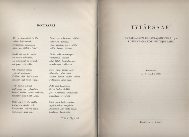 Aalberg: Tytärsaari, Tytärsaaren kal.seura 1963, sid,1.p, K3
