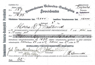 Vakuutuspaperi Viipurista 1914