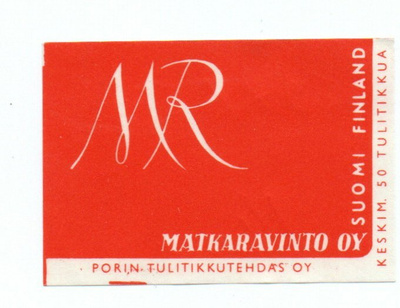 Porin Tulitikkitehdas MR Matkaravintola Oy Etiketti