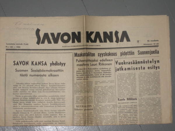 Sanomalehti: Savon Kansa viimeinen numero 1958