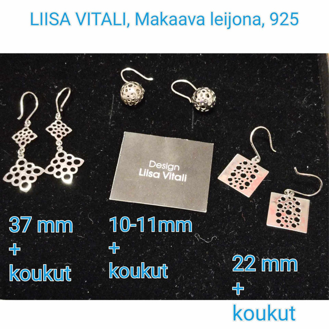 LIISA VITALI, 3 paria hopeisia korvakoruja, koukkumallisia
