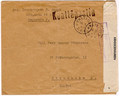 1940 kenttäposti-kirje Ruotsiin