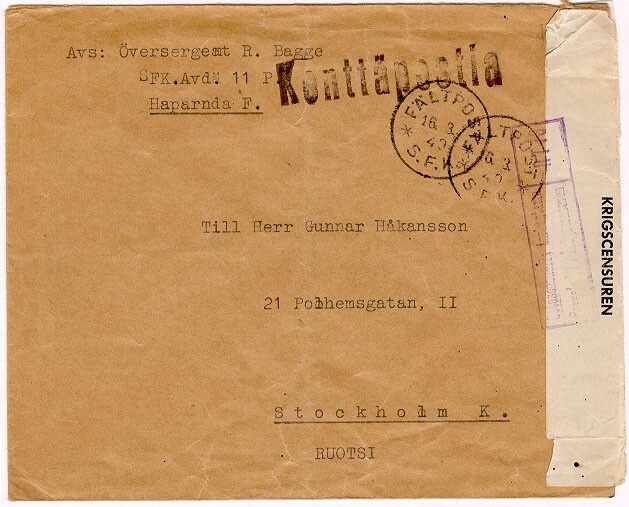 1940  kenttäposti-kirje Ruotsiin
