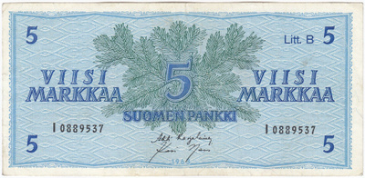 5 Markkaa 1963 Litt.B I-sarjaa, kl.4