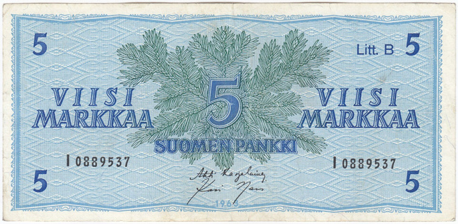 5 Markkaa 1963 Litt.B I-sarjaa, kl.4