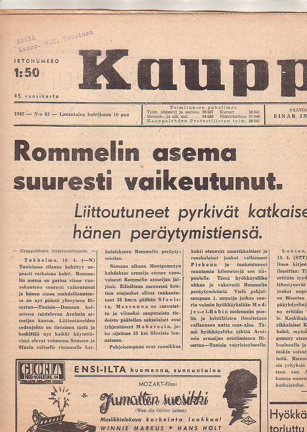 Kauppalehti, 5 kpl., vuosilta 1943 ja 1944, sota-asiaa.