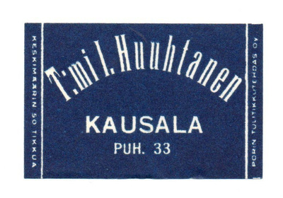 Porin Tulitikkutehdas Oy T:mi I. Huuhtanen. KAUSALA: Etikett