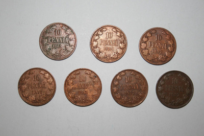 Suomi 10penniä kuparirahoja 7kpl alk.v.1865