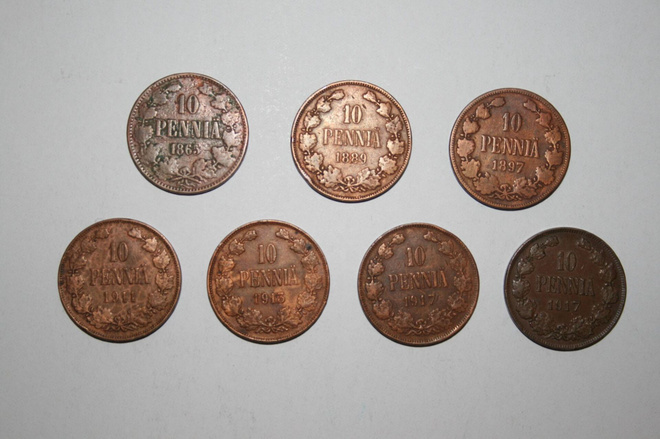 Suomi 10penniä kuparirahoja 7kpl alk.v.1865