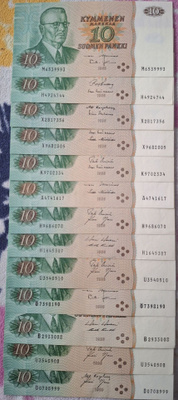 10 mk setelit 1980. 13 kappaletta. Ilman litt.