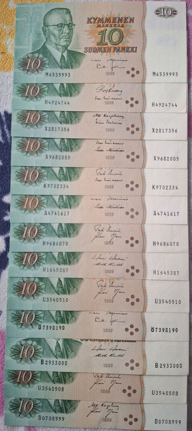 10 mk setelit 1980. 13 kappaletta. Ilman litt.