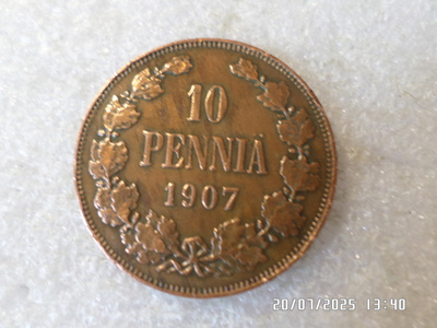 10 penniä 1907 kulkematon. tasaisesti patinoitunut .