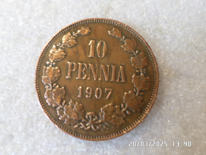 10  penniä  1907  kulkematon.  tasaisesti  patinoitunut .