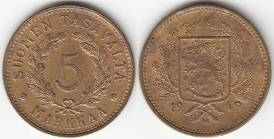 5 mk 1949 leveä H, epätasahavu