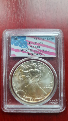 2001 Silver eagle, WTC Ground Zero, PCGS slabissa